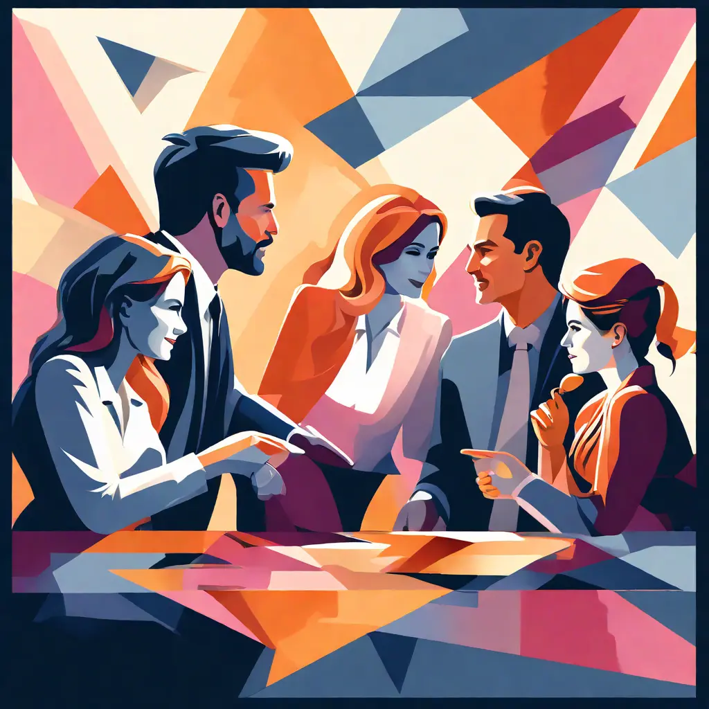 simple abstract illustration of  A group of leaders collaborating on a project, warm colours