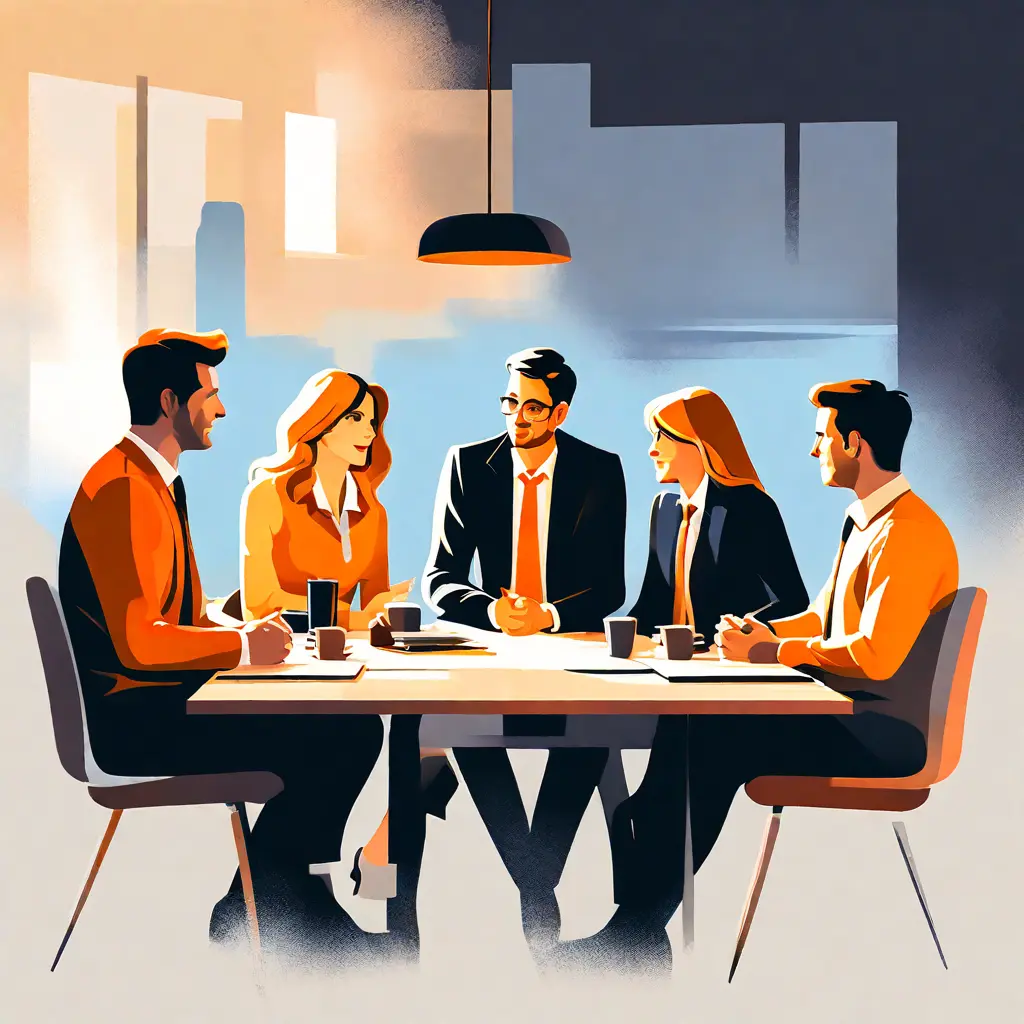 simple abstract illustration of  A manager leading a team meeting, warm colours