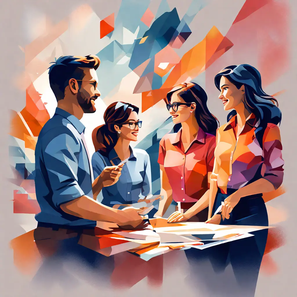 simple abstract illustration of  A group of employees discussing their skills and experiences, warm colours