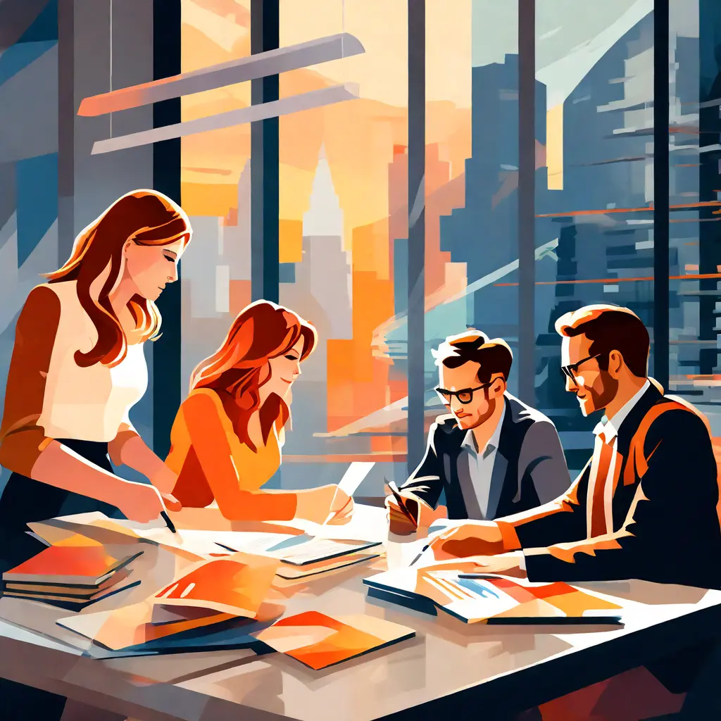 simple abstract illustration of  Colleagues collaborating on a project at their desks, warm colours
