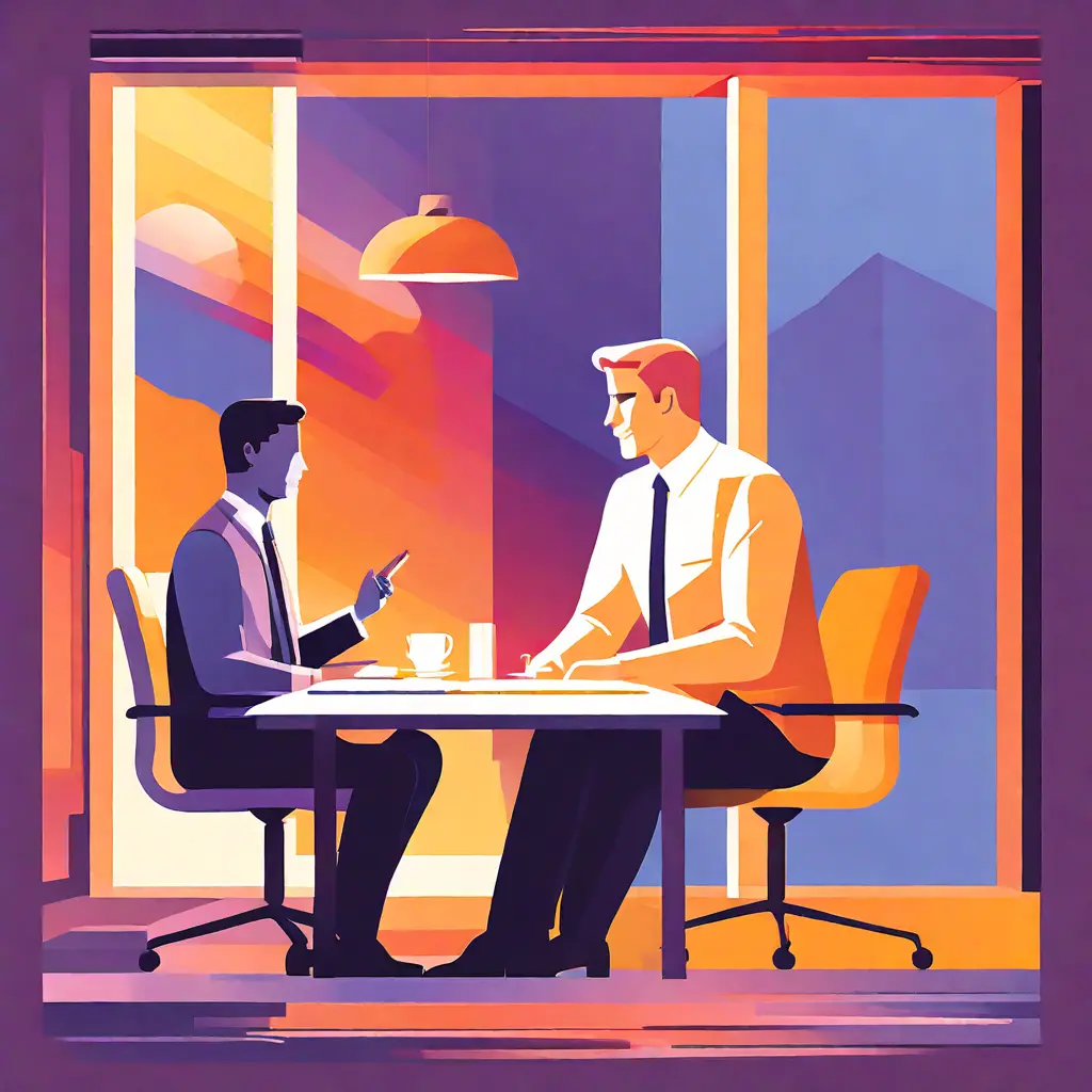 simple abstract illustration of  Manager and employee having a one-on-one performance review meeting, warm colours