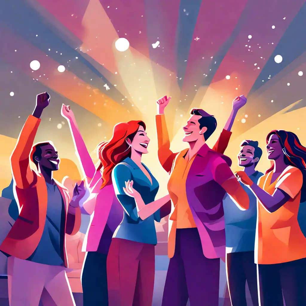 simple abstract illustration of  Team members cheering and clapping during a team meeting, warm colours