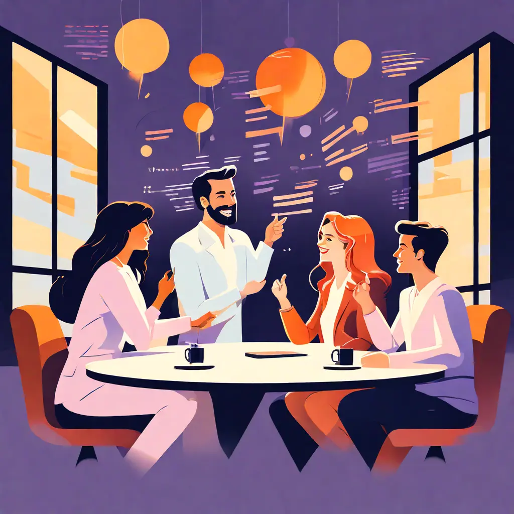 simple abstract illustration of  Team members giving each other feedback during a meeting, warm colours
