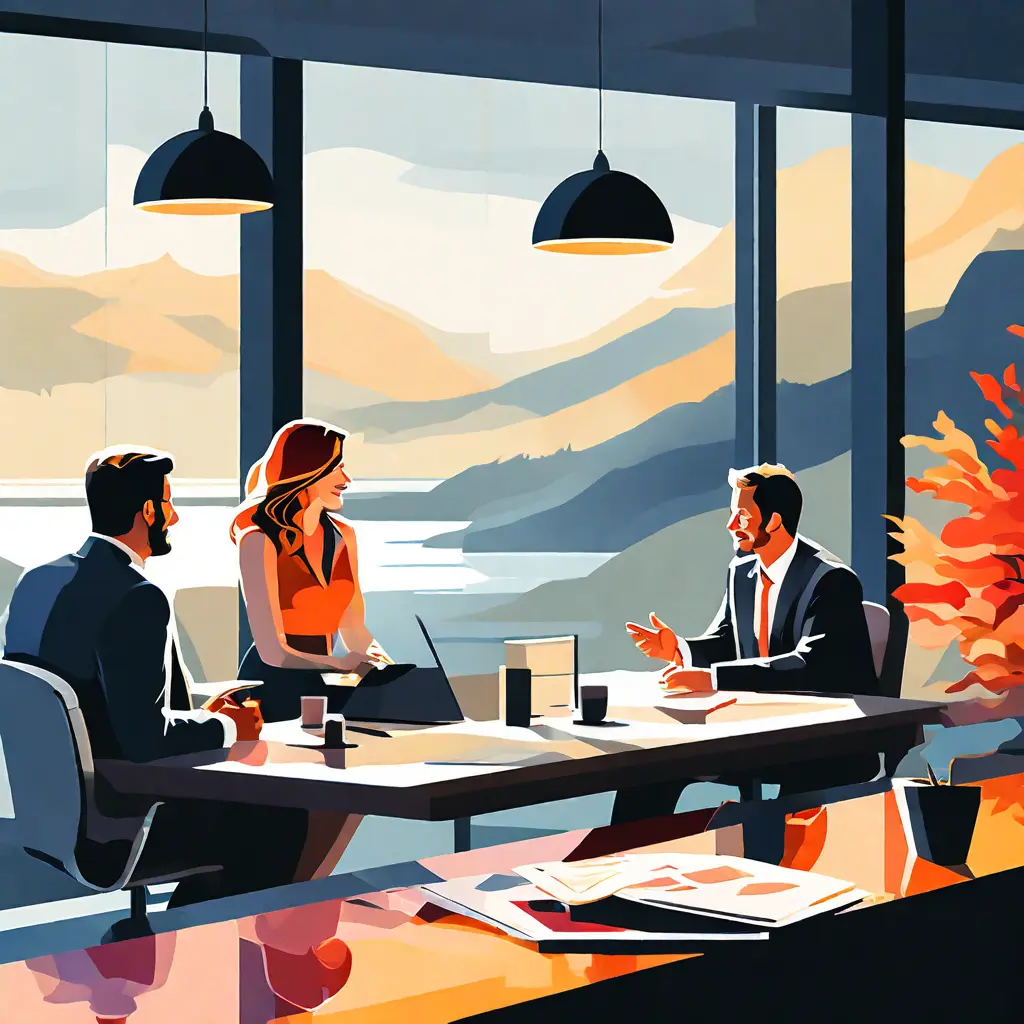 simple abstract illustration of  Two colleagues discussing a project in a conference room, warm colours