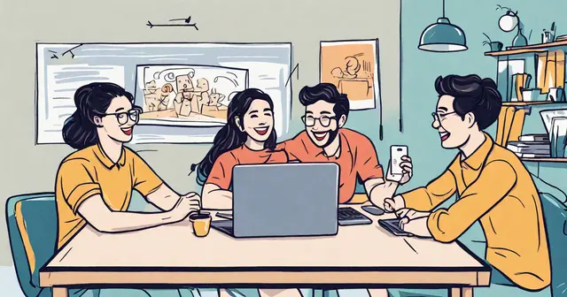 a group of people are sitting around a table looking at a laptop a group of people are sitting around a table looking at a laptop