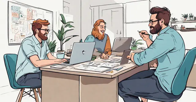 a group of people are sitting around a table with laptops a group of people are sitting around a table with laptops