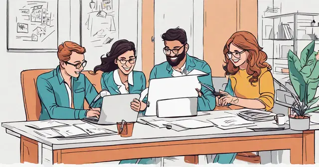 a group of people are sitting around a table with laptops a group of people are sitting around a table with laptops