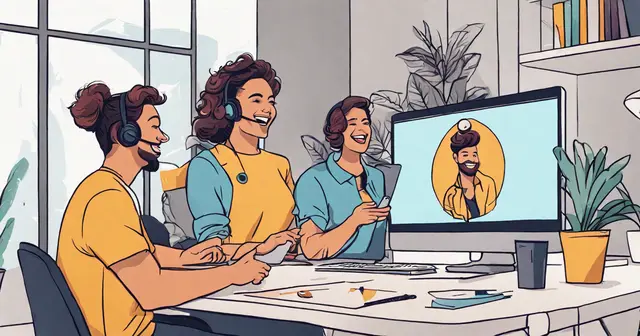 a group of people wearing headsets are sitting around a table a group of people wearing headsets are sitting around a table