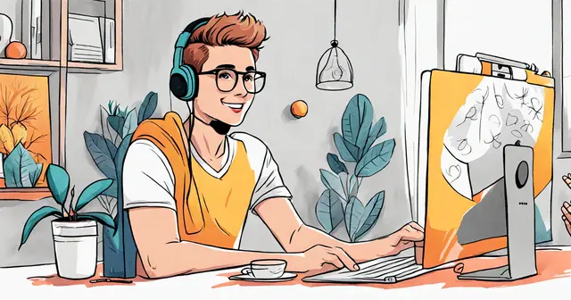 an illustration of a man wearing headphones using a computer