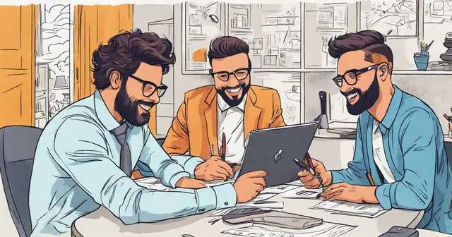 three men are sitting around a table looking at a laptop three men are sitting around a table looking at a laptop