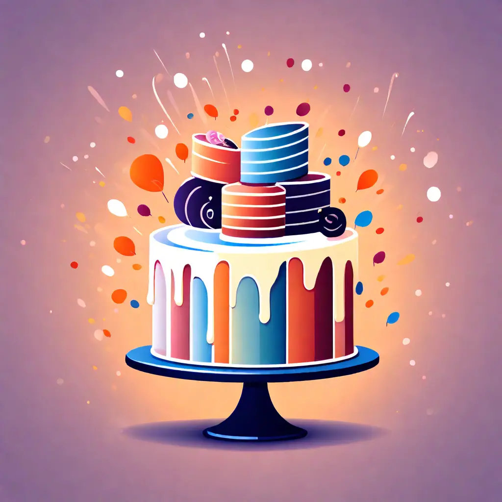 simple abstract illustration of  A cake with the company logo and 'Happy Anniversary' written on it, warm colours