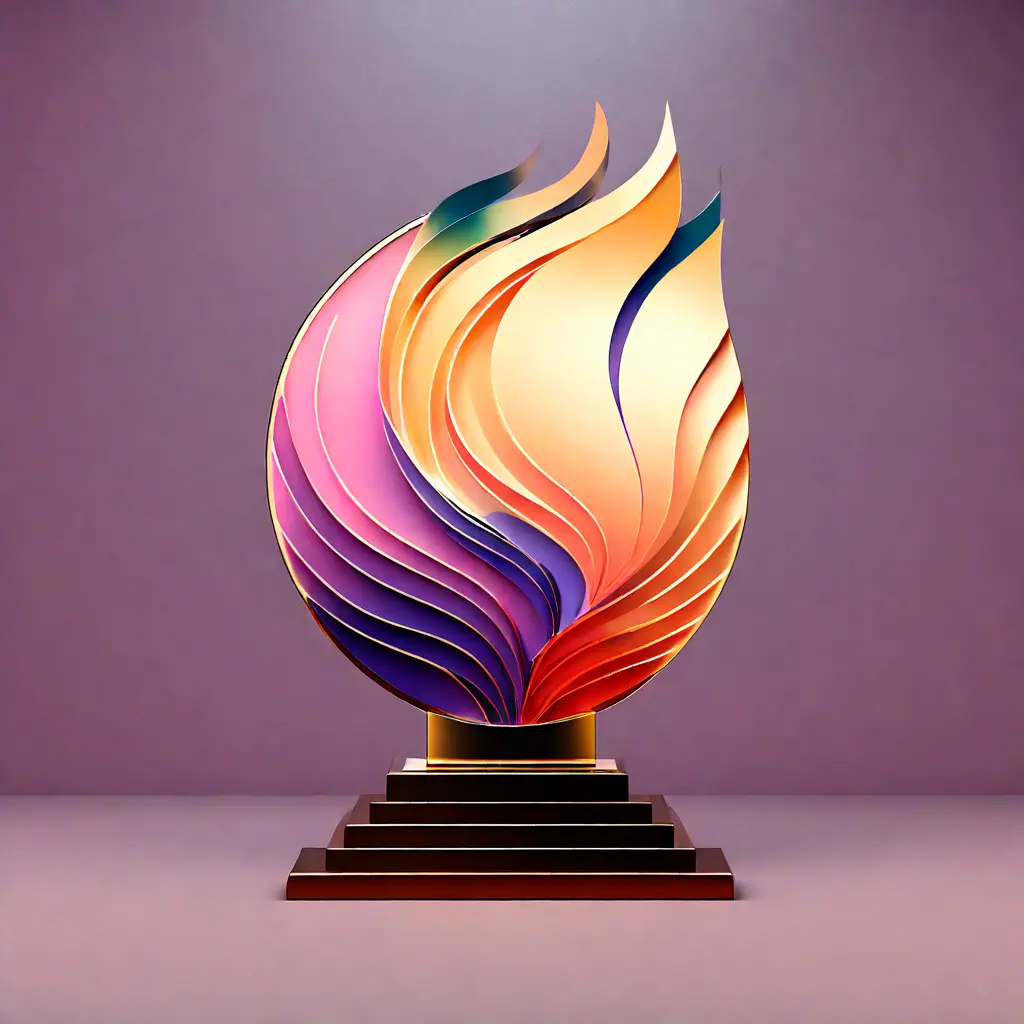 simple abstract illustration of  A close-up of a commemorative plaque or trophy for the company's milestone anniversary, warm colours