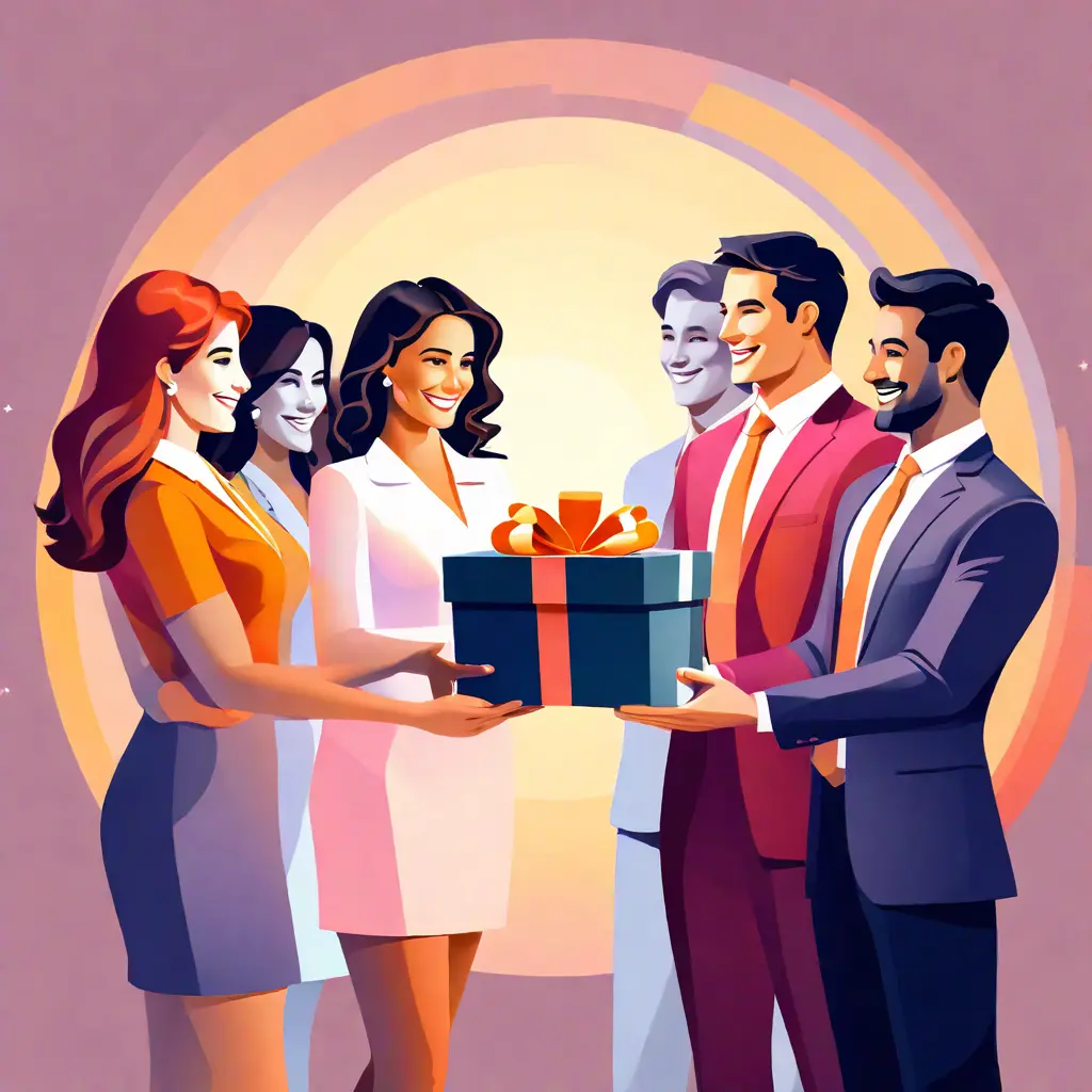 simple abstract illustration of  A group of employees presenting a gift to the company CEO or founder, warm colours