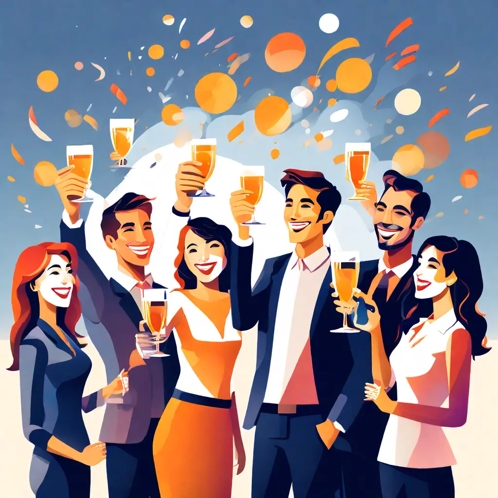 simple abstract illustration of  A group of employees raising a toast to celebrate the company anniversary, warm colours