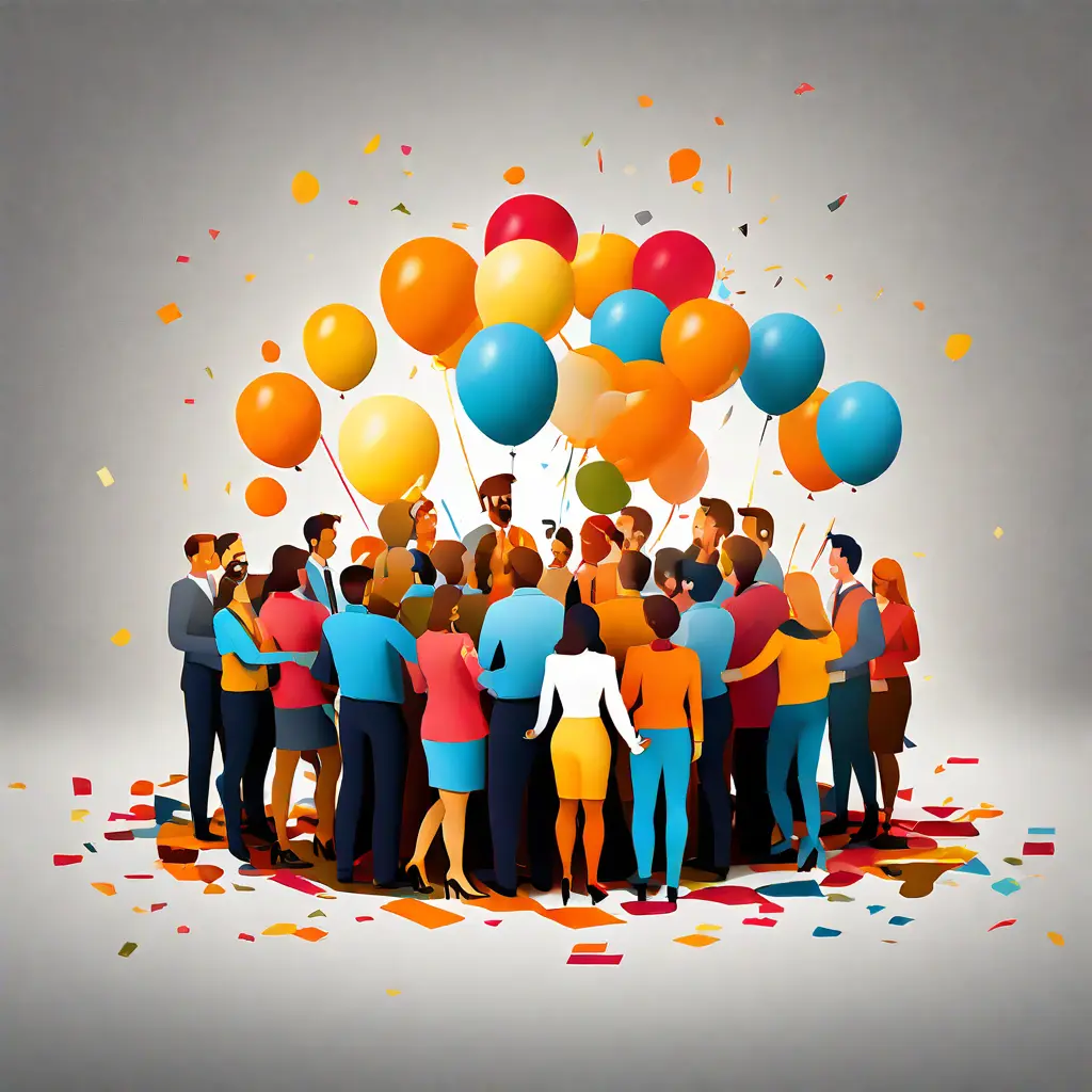 simple abstract illustration of  A photo of employees participating in a team-building activity to celebrate the anniversary, warm colours