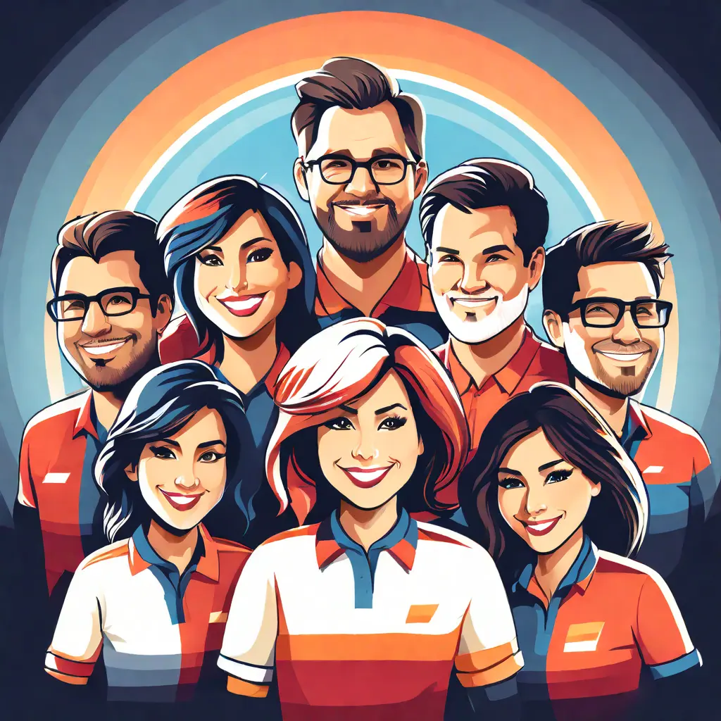 simple abstract illustration of  A team photo of employees wearing company anniversary t-shirts, warm colours