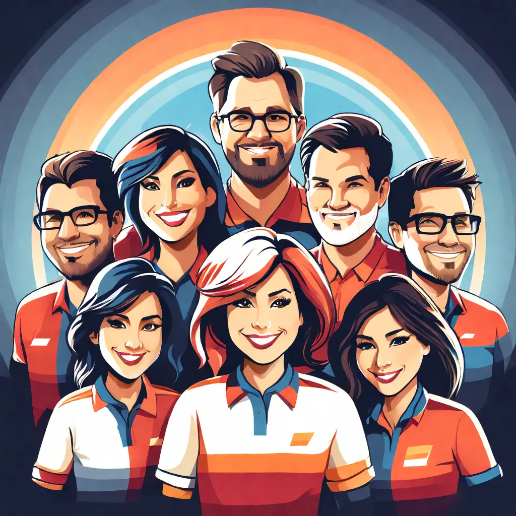 simple abstract illustration of A team photo of employees wearing company anniversary t-shirts, warm colours simple abstract illustration of A team photo of employees wearing company anniversary t-shirts, warm colours